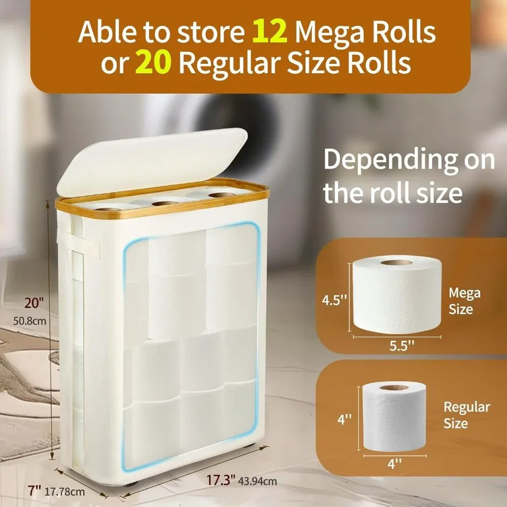 Bathroom Toilet Paper Storage Basket, Container w/ Lid 12 Mega Rolls Collapsible